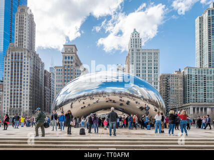 Chicago skyline viewed from Millenium Park during early spring. Chicago is the third most populous city in the US. Stock Photo