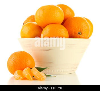 Ripe tangerines in bowl isolated on white Stock Photo