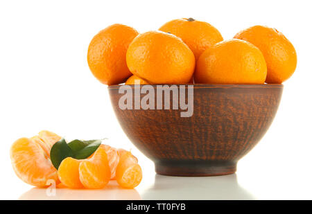 Ripe tangerines in bowl isolated on white Stock Photo