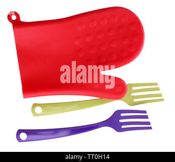 Oven glove and kitchenware isolated on white Stock Photo