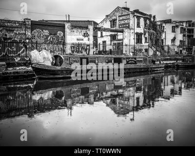 Canal Boat on Regent's Canal Towpath in Black and White Stock Photo