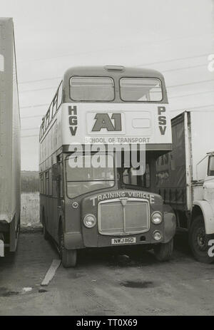 1960s historical, a School of Transport instruction AEC Regent III RT double-decker bus, used for training bus drivers for their PSV licence and for HGV drivers during this era. Stock Photo