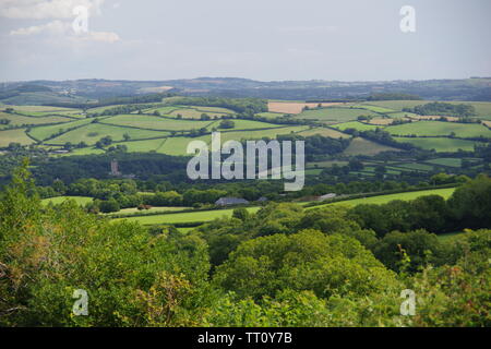 Buckfast Abbey Among Pastoral Patchwork Landscape of Fields, Hedgerows and Woods in High Summer. Buckfastleigh, Devon, UK. Stock Photo