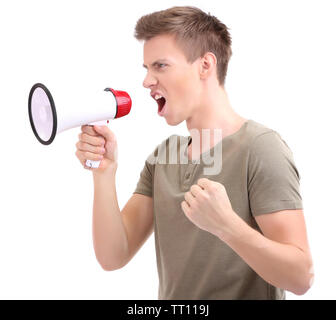 Portrait of young man handsome shouting using megaphone , isolated on white Stock Photo