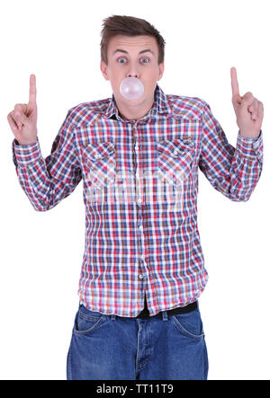 Young man blowing bubble of chewing gum isolated on white Stock Photo