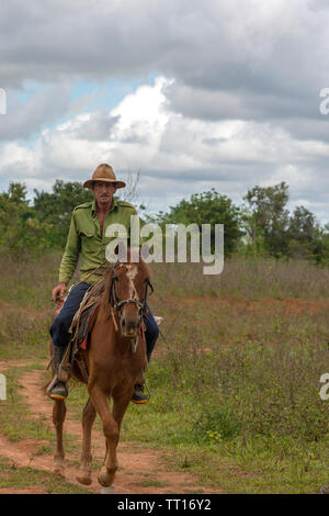 Farmer takes an evening ride round his estate in the Vinales Valley, Vinales, Cuba, Caribbean Stock Photo