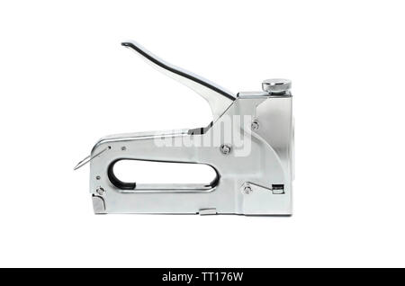Metal Nickel plated stapler gun on white background, isolate close up. Stock Photo