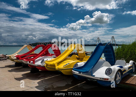 Colouful pedal boats at summer on Lake Balaton in Hungary Stock Photo