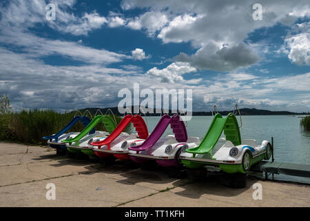 Colouful pedal boats at summer on Lake Balaton in Hungary Stock Photo