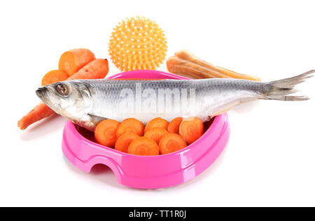 Natural food for pets in plastic bowl isolated on white Stock Photo