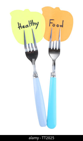 Note papers with messages attached to forks, isolated on white Stock Photo