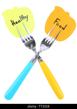 Note papers with messages attached to forks, isolated on white Stock Photo