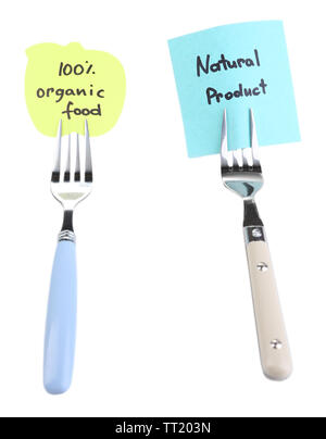 Note papers with messages  attached to forks, isolated on white Stock Photo
