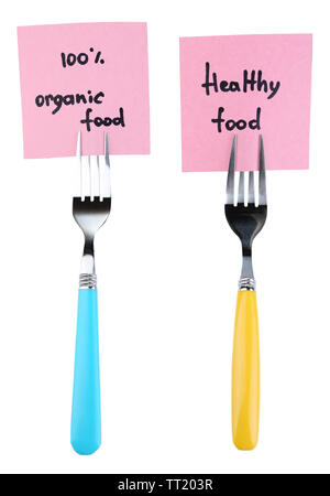 Note papers with messages  attached to forks, isolated on white Stock Photo