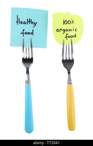 Note papers with messages  attached to forks, isolated on white Stock Photo