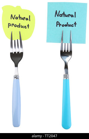 Note papers with messages  attached to forks, isolated on white Stock Photo