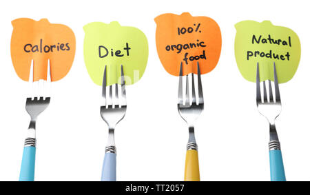 Note papers with messages  attached to forks, isolated on white Stock Photo
