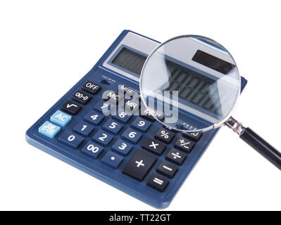 Fraud concept with magnifier and calculator, isolated on white Stock Photo