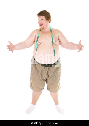 Obese man measuring waist with tape measure - SuperStock