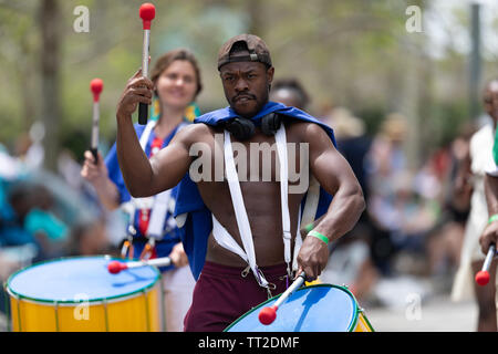 Cleveland, Ohio, USA - June 8, 2019: Parade the Circle, African American man playing the drums during the parade Stock Photo