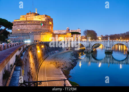 Castle Of The Holy Angel Lit Up at Dusk, Rome, Lazio, Italy Stock Photo