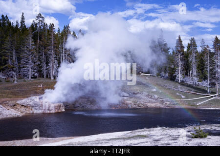 Eruption of the Riverside Geyser in the Upper Geyser Basin of Yellowstone National Park creates a rainbow arcing across the Firehole River. Stock Photo