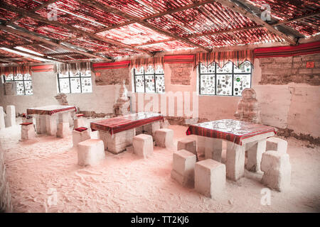 Salar de Uyuni, Bolivia - Dec 31, 2018:Interior Inside of  hotel made of salt directly on a salt plain Salar de Uyuni, Bolivia. Stock Photo