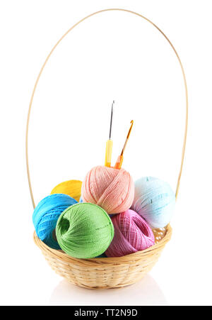 Neatly arranged colorful yarn and crochet hooks in a basket on Craiyon