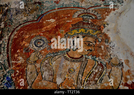 Colourful paintings on the inner wall of Nana Phadanvis Wada (Palace), Menavali, near Wai, Maharashtra, India Stock Photo