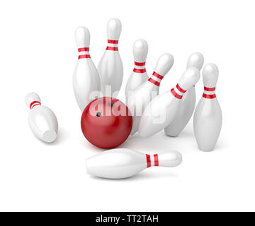 Bowling ball crashing into the pins Stock Photo