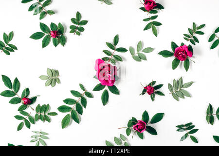 Floral pattern made of red roses, green leaves, branches on white background. Flat lay, top view. Nature background. Pattern of flowers. Flowers patte Stock Photo
