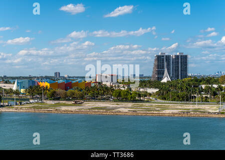 Miami, FL, United States - April 20, 2019:  View of MacArthur Causeway and Miami Children's Museum at Biscayne Bay in Miami, Florida, United States of Stock Photo