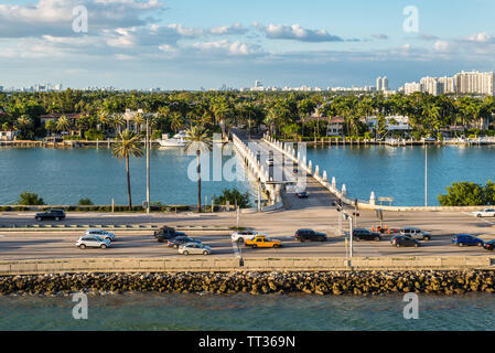 Miami, FL, United States - April 20, 2019:  View of MacArthur Causeway and Palm Island at Biscayne Bay in Miami, Florida, United States of America. Stock Photo