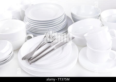 Set of white dishes close-up Stock Photo