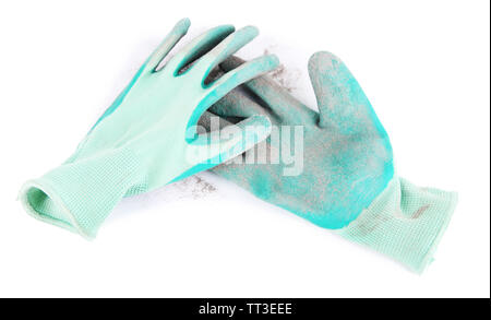 Dirty used rubber gloves isolated on white Stock Photo