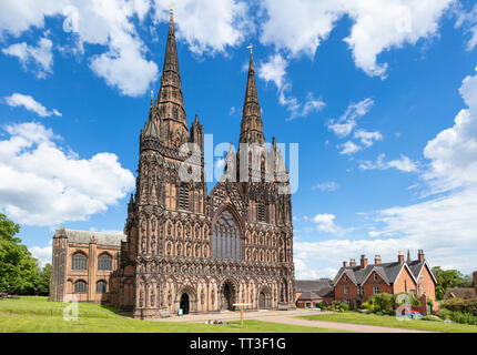 Lichfield cathedral Lichfield cathedral west front with carvings of St Chad saxon and norman kings Lichfield Staffordshire England UK GB Europe Stock Photo