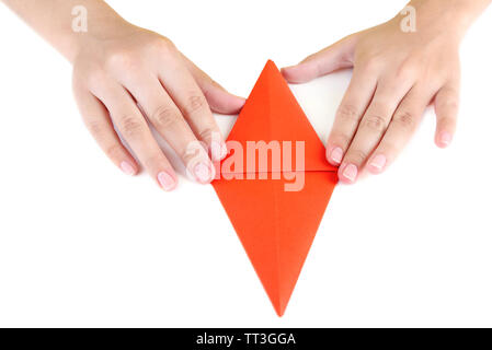 Hands making origami rabbit, close up, isolated on white Stock Photo