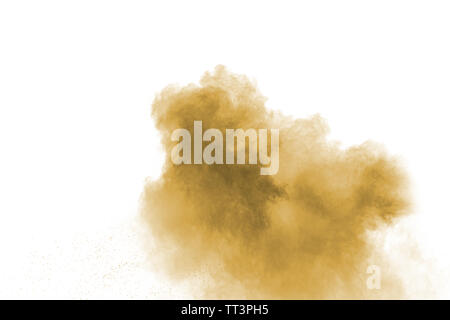 Abstract deep brown dust explosion on white background.  Freeze motion of coffee liked color dust splash. Stock Photo