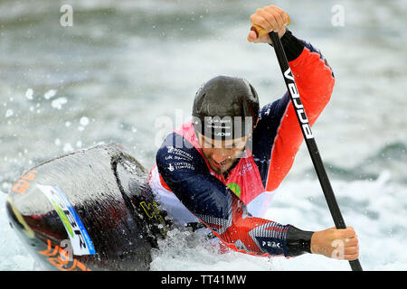 London, UK. 14th June, 2019. Ryan Westley of Great Britain in action during the Men's Slalom. 2019 ICF Canoe Slalom World Cup event, day one at the Lee Valley white water centre in London on Friday 14th June 2019. pic by Steffan Bowen/Andrew Orchard sports photography/Alamy Live news Credit: Andrew Orchard sports photography/Alamy Live News Stock Photo