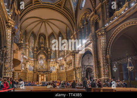 MONSERRAT, SPAIN - FEBRUARY 20, 2019: Interior of the Basilica of the Montserrat Monastery in the abbey of Santa Maria de Montserrat. Stock Photo