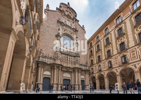 MONSERRAT,SPAIN - FEBRUARY 20, 2019: Facade of the Basilica of Montserrat, Catalonia. Stock Photo