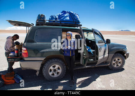Jeep ride in Bolivia desert, Bolivia Stock Photo