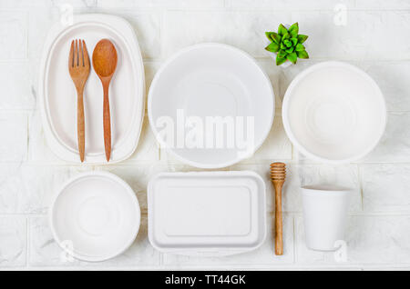 Eco-friendly biodegradable paper dishes and glass collection. Stock Photo