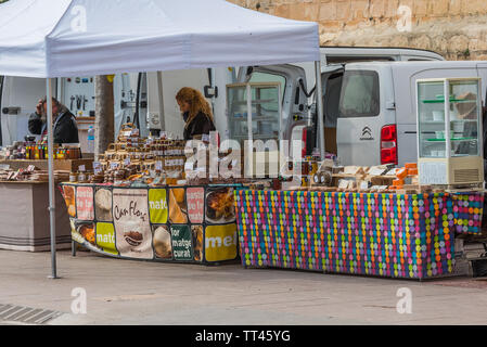 MONSERRAT,SPAIN - FEBRUARY 20, 2019: Showcase with different cheeses, Catalonia Stock Photo