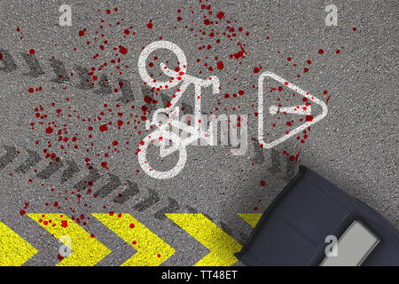 Traffic accident on bicycle lane. Road driving offense or crime. Concept of biking danger. Top view on blood-spattered bike path sign and marks. Car a