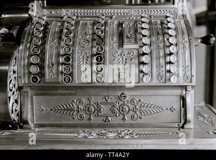 Old fashioned cash machine in a flea market in Bangkok in Thailand in Southeast Asia Far East. Cash Register Stock Photo