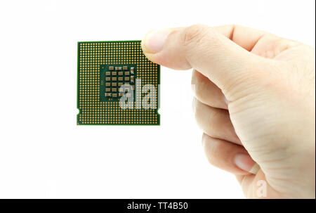 Realistic CPU back view processor chip in hand Stock Photo