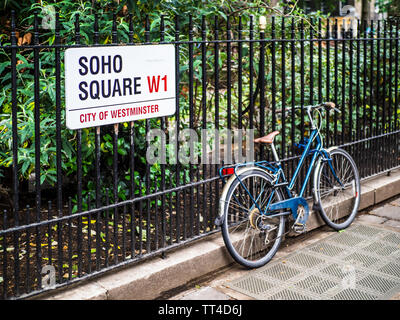 Soho Square W1 -  Soho Square is a green space in London's Soho Entertainment District dating back to 1681 - London's Soho district Street Signs Stock Photo