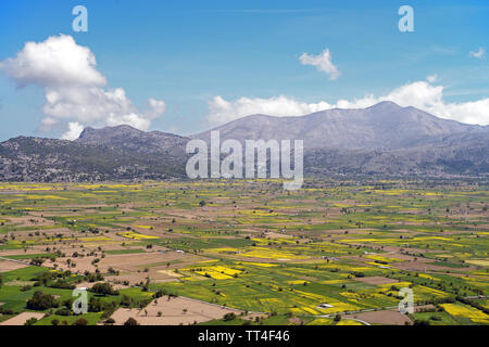 The Lasithi Plateau is located in the Lasithi region of eastern Crete ringed by the Dikti Mountains. The plateau is famous for its many windmills Stock Photo