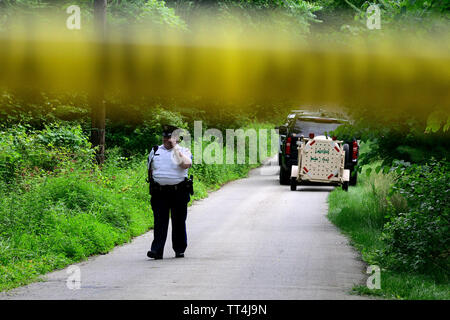 Philadelphia, United States. 13th June, 2019. A secure perimeter is set as forrest rangers conduct a search for a bear on the loose in a wooded area in the Andorra neighborhood after multiple residents reported sightings in Montgomery County and Northwest Philadelphia, PA, on June 13, 2019. While rare inside the city limits it is not unusual in this time of the year as young bears start to migrate after being pushed away by their mothers. Credit: OOgImages/Alamy Live News Stock Photo